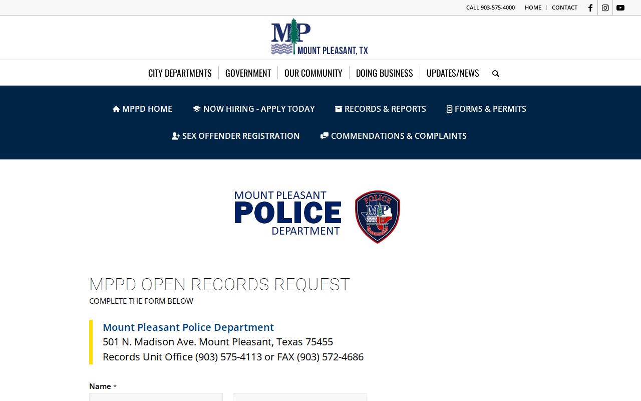 Online form for Mount Pleasant and Titus County arrest record requests