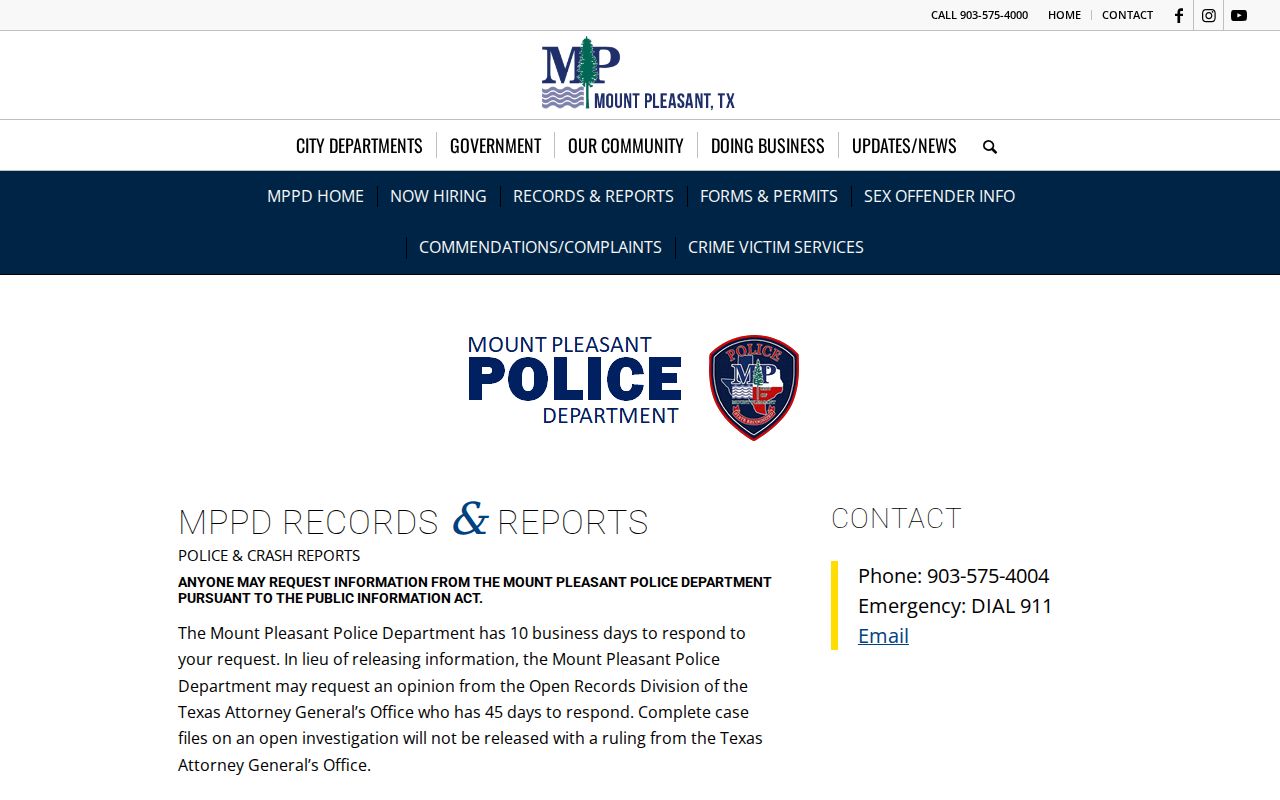 Mount Pleasant Police channels for Titus County arrest records