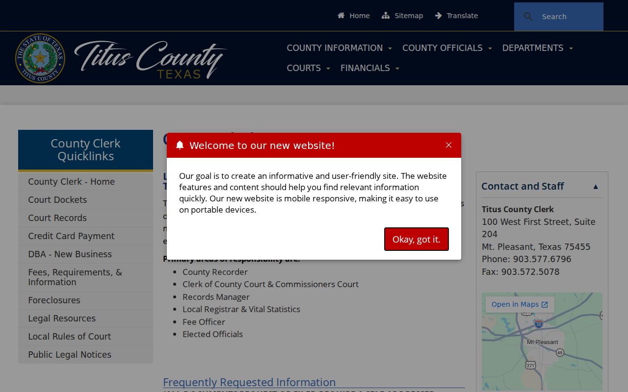 Titus County misdemeanor court case lookup at the County Clerk