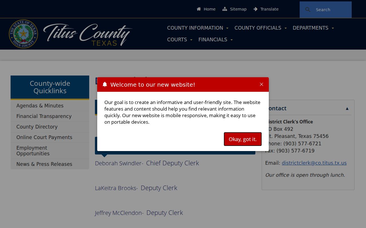 Titus County court case records contact at the District Clerk